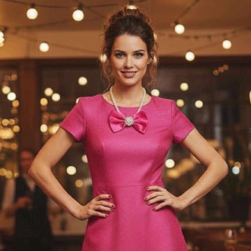 “Dainty Dapper” Elegant Pink bow tie necklace. Has a sparkly pearl embellishment